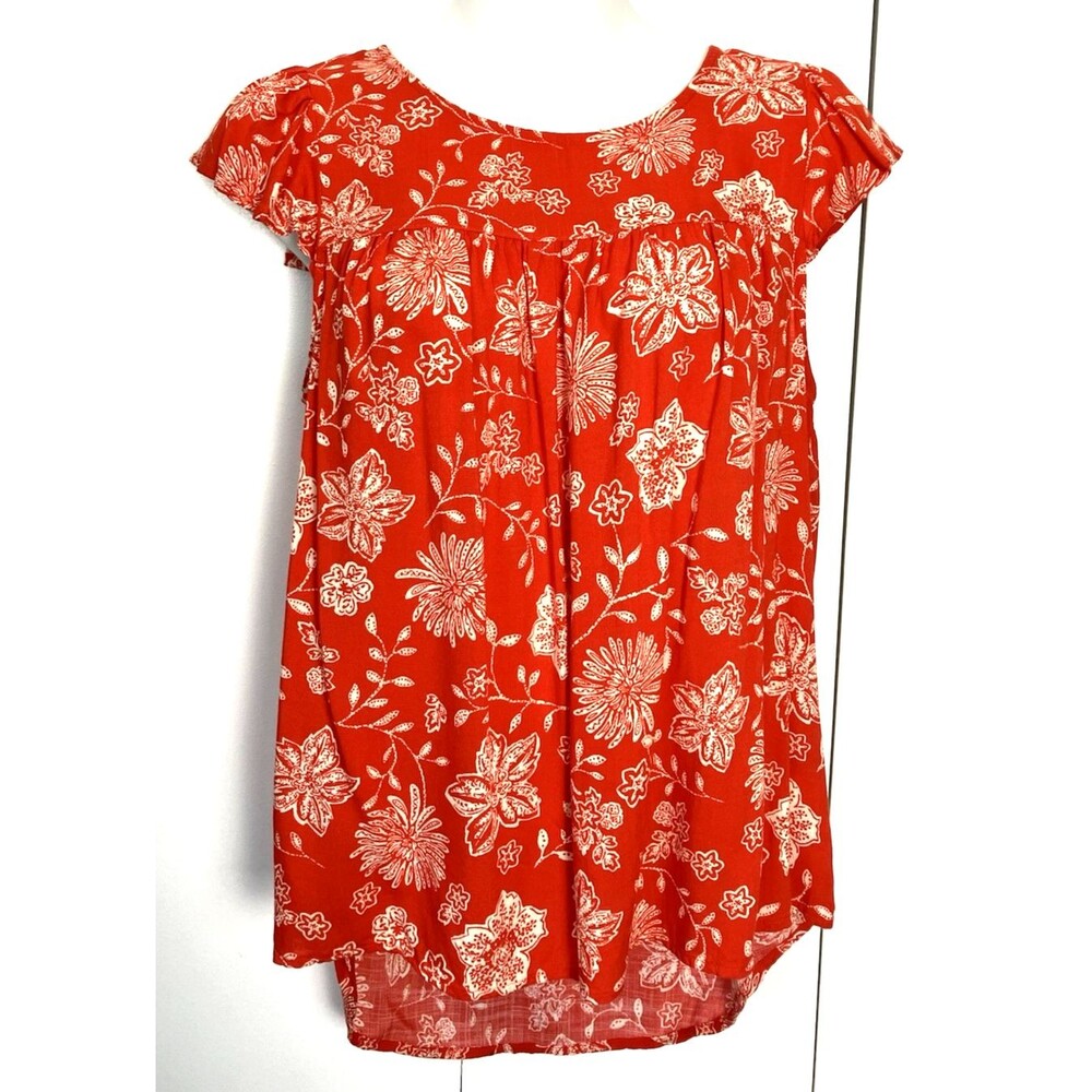 Sonoma Flutter Sleeve Lightweight Blouse Orangy Red & White Floral Size 0X